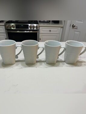 Set of 4 White Ceramic Mugs with Subtle Embossed Detail